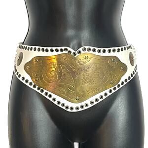 VTG BOHEMIAN WHITE LEATHER BELT 80s 90s BRASS ACCENTS CHUNKY BOHO WESTERN L XL